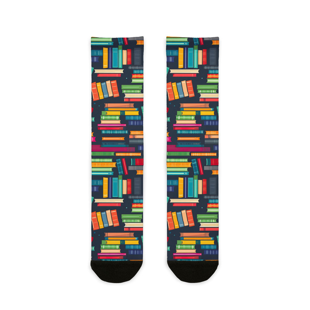 Colorful book-patterned socks on a white background