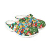 Colorful clogs with a pattern on a white background