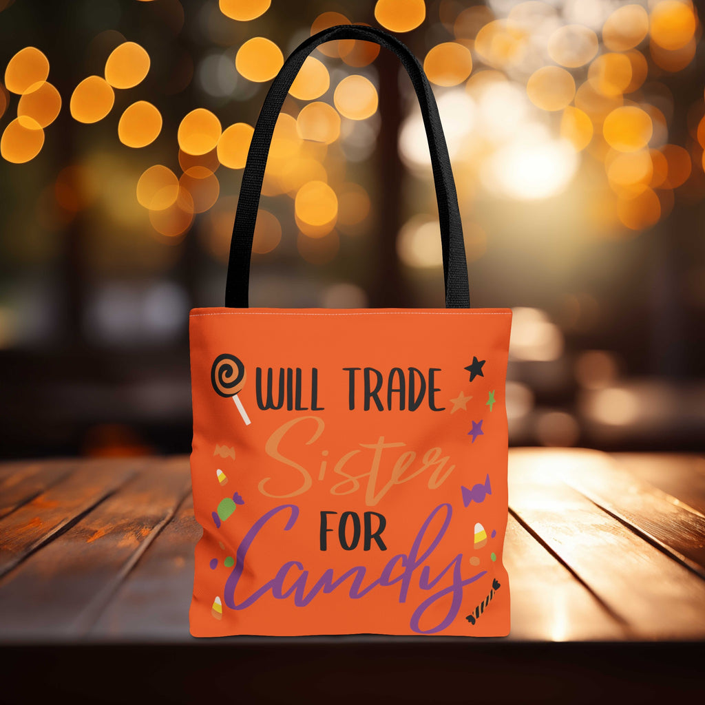 Trade Sister for Candy Halloween Trick or Treat Bag on the edge of a table in the fall