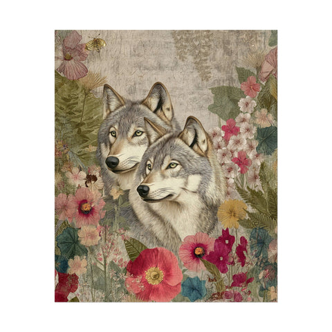 Two wolves surrounded by flowers and butterflies on a textured background