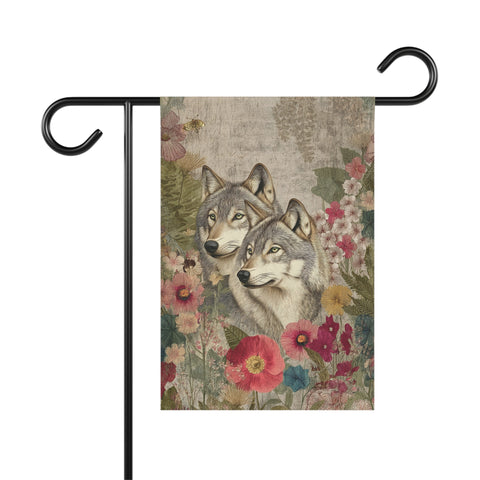 Decorative garden flag with two wolves and colorful flowers on a floral background