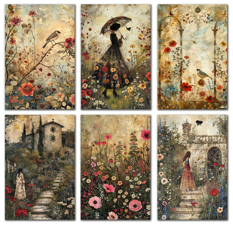6 Handmade Victorian Gardens – Blank Inside – Folded 4x6 Every Occasion Cards with White Envelopes