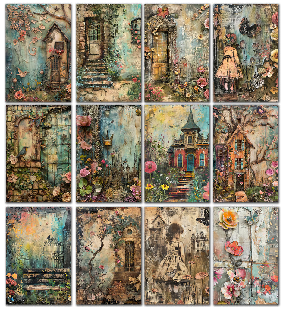 12 Handmade Victorian Gardens – Blank Inside – Folded 4x6 Every Occasion Notecards with White Envelopes
