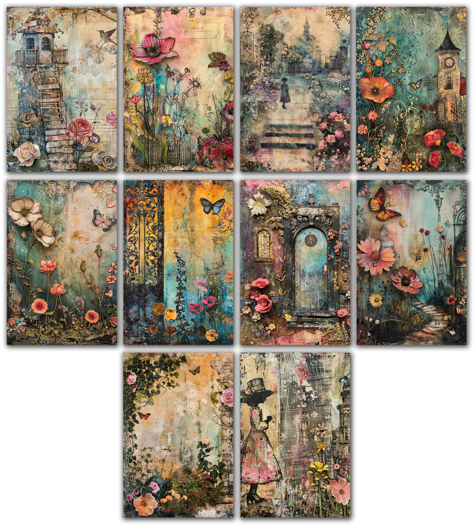 10 Handmade Victorian Gardens – Blank Inside – Folded 4x6 Every Occasion Cards with White Envelopes