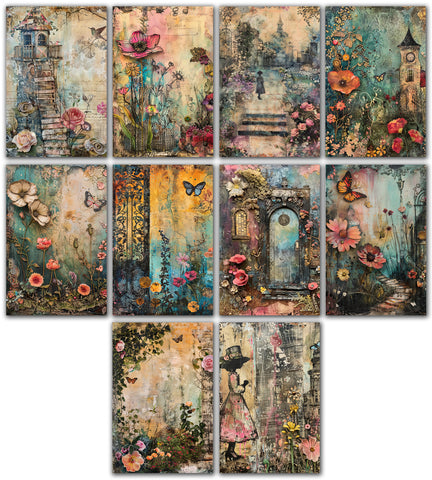 10 Handmade Victorian Gardens – Blank Inside – Folded 4x6 Every Occasion Cards with White Envelopes