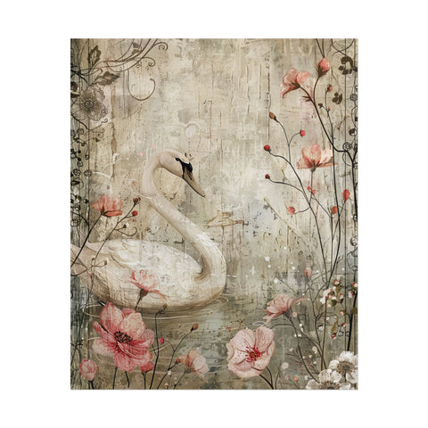 Decorative panel with a swan and floral design on a textured background