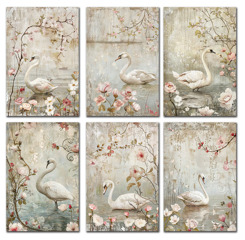 6 Handmade Victorian Swans – Blank Inside – Folded 4x6 Every Occasion Cards with White Envelopes