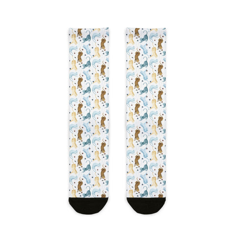 Pair of socks with dog pattern on a white background
