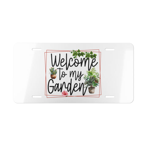 License plate with 'Welcome to my Garden' text and plant illustrations on a white background