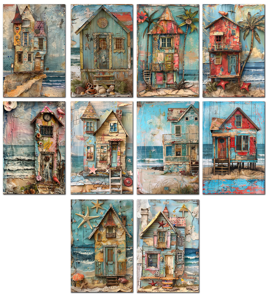 10 Handmade Whimsical Beach Houses – Blank Inside – Folded 4x6 Every Occasion Cards with White Envelopes 