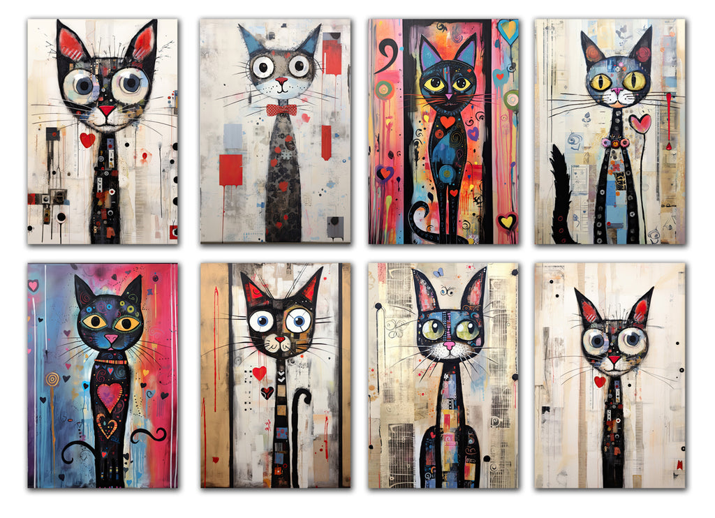8 Handmade Whimsical Cats – Blank Inside – Folded 4x6 Every Occasion Cards with White Envelopes