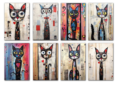 8 Handmade Whimsical Cats – Blank Inside – Folded 4x6 Every Occasion Cards with White Envelopes