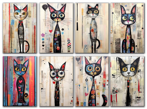 8 Handmade Whimsical Cats&nbsp; – Blank Inside – Folded 4x6 Every Occasion Cards with White Envelopes