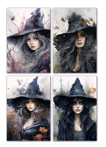 8 Handmade Witches – Blank Inside – Folded 4x6 Every Occasion Cards with White Envelopes