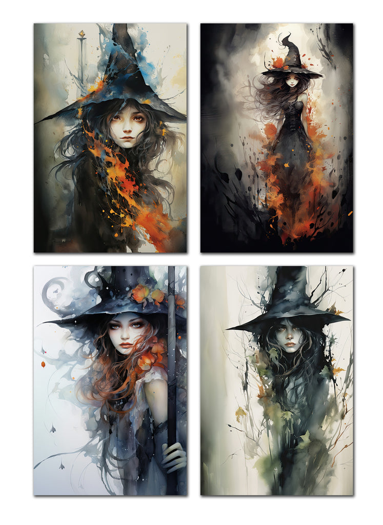 8 Handmade Witches – Blank Inside – Folded 4x6 Every Occasion Cards with White Envelopes