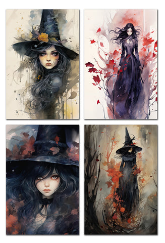 8 Handmade Witches – Blank Inside – Folded 4x6 Every Occasion Cards with White Envelopes