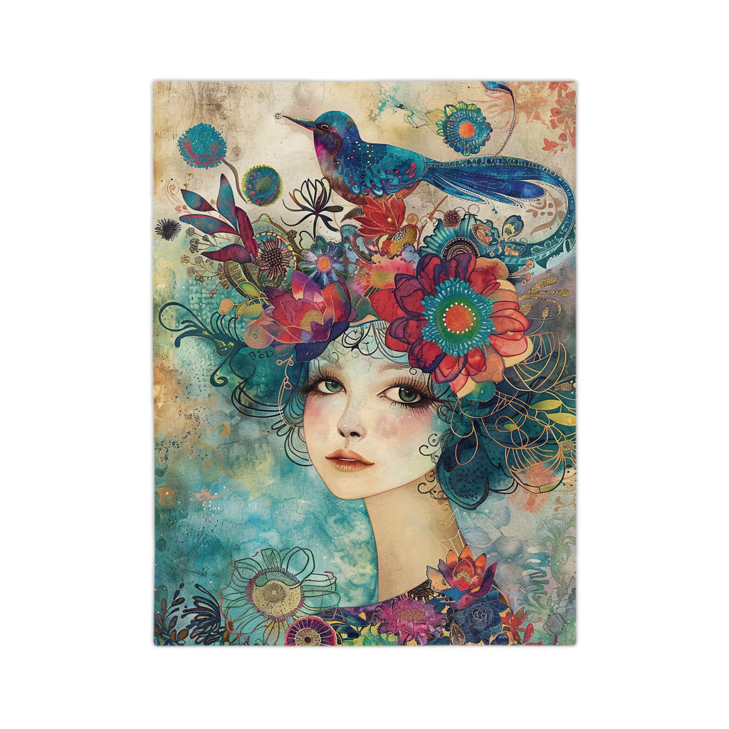 Velveteen Blanket, Abstract Woman Watercolor Painting and Flowers, Blue Bird