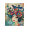 Velveteen Blanket, Abstract Woman Watercolor Painting and Flowers, Blue Bird