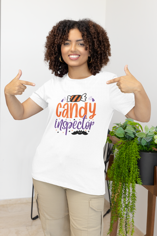 Candy Inspector Halloween T-shirts Adults on woman in room with plants