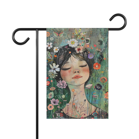 Garden flag with an illustration of a girl surrounded by flowers and butterflies on a white background.
