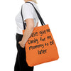 Please Give me Candy Halloween Trick or Treat Bag over the shoulder of an adult woman