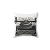 Decorative pillow with a typewriter design and 'Writer at Work' text on a white background