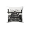 Decorative pillow with a typewriter design and 'Writer at Work' text on a white background