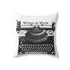 Decorative pillow with a vintage typewriter design and 'Writer at Work' text on a white background