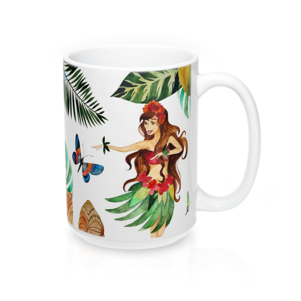 Hula Dancer and Tropical Flower Coffee Mugs, Hawaiian Home Decor 15oz