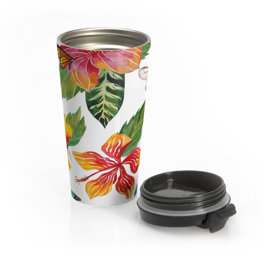Tropical Flowers and Butterflies Stainless Steel Travel Mug 15 oz