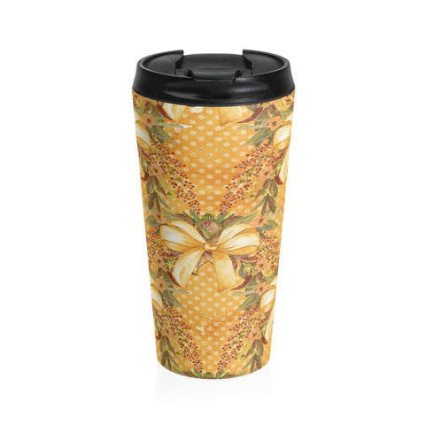 Autumn Tone Gold Bows and Fall Flowers Stainless Steel Travel Mug 15 oz
