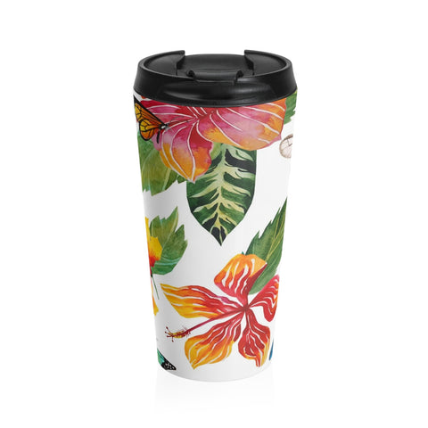 Tropical Flowers and Butterflies Stainless Steel Travel Mug 15 oz