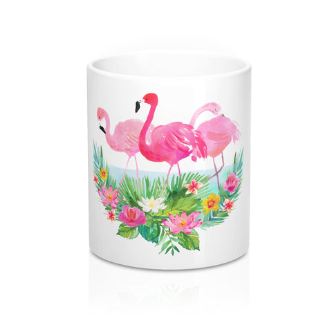 Tropical Flowers and Pink Flamingo Coffee Mugs 11 oz 15 oz Ceramic