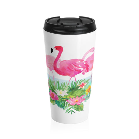 Tropical Flowers and Pink Flamingo Stainless Steel Travel Mugs 15 oz 