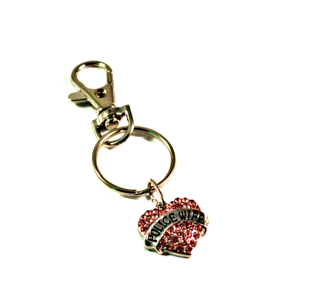 Pink Heart Police Wife Bling Key Chain with Lanyard, Keyrings for Women