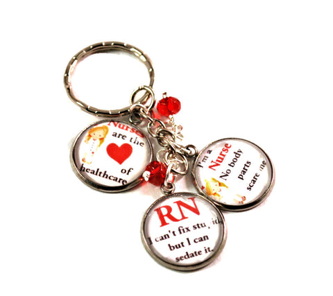 Nurse Keyrings for women with three nurse charms, red beads, and long chain