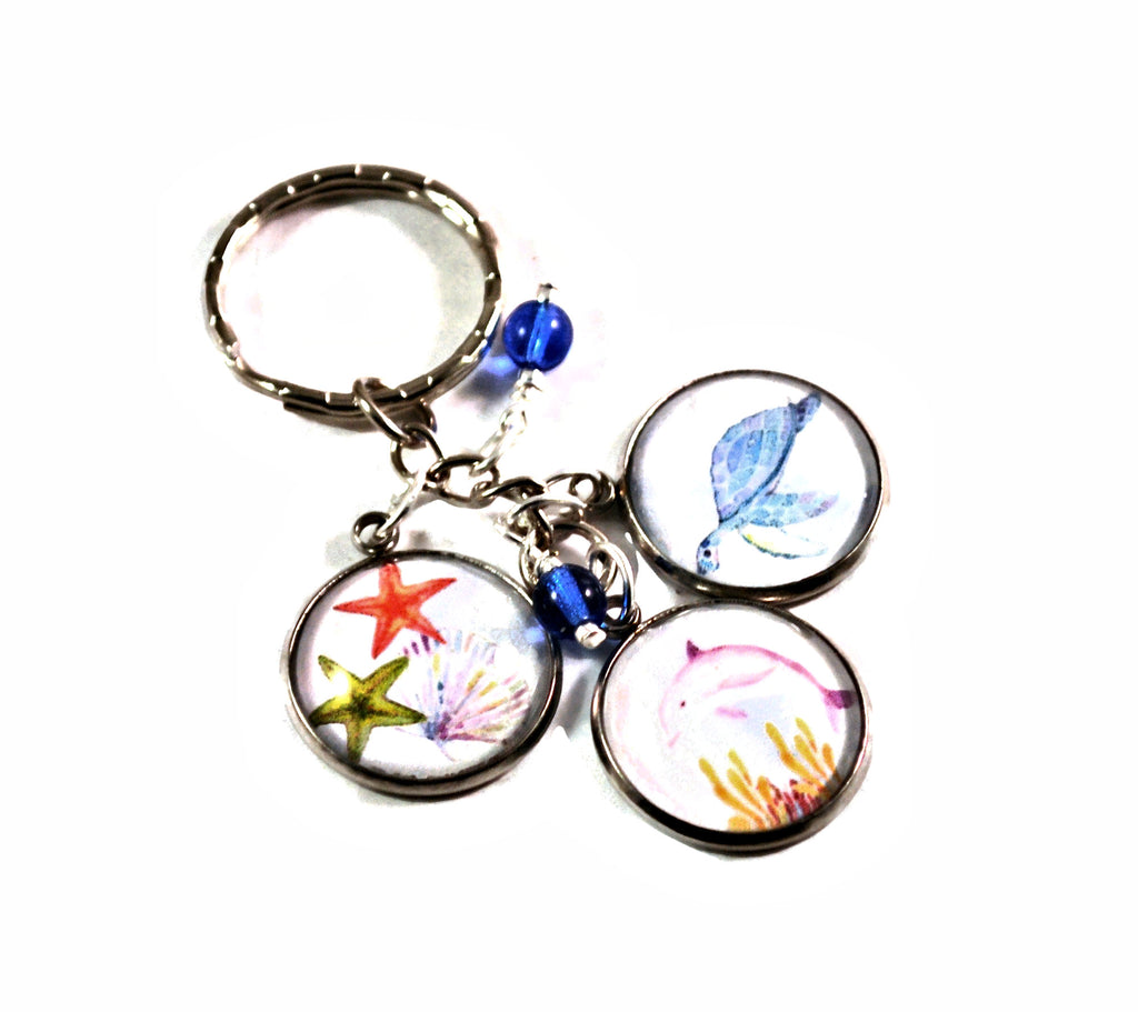 Sea Life Beach Key Chain, Handmade Beaded Keyrings for Women with Dolphin Charm