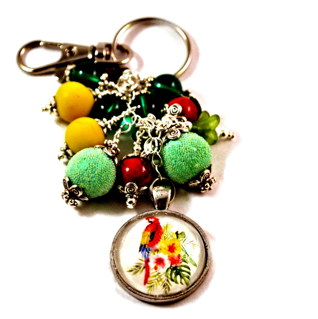 Red Macaw Parrot Key Chain Purse Charm Beaded Keyrings for Women