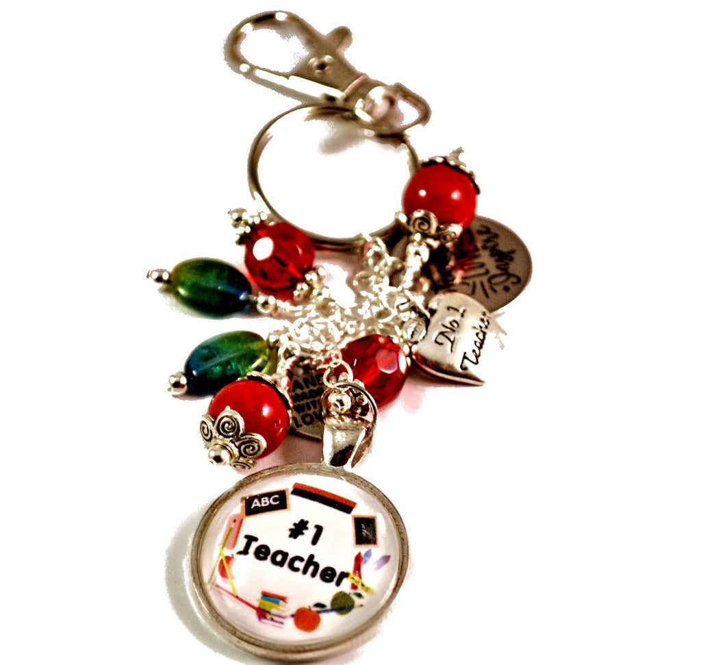 Number 1 Teacher Women's Key Chain Purse Charm Beaded Keyrings for Women