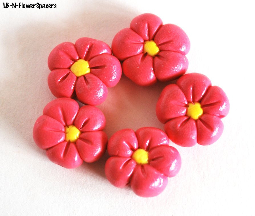 Pink Flower Spacer Handmade Polymer Clay Beads Side Drilled