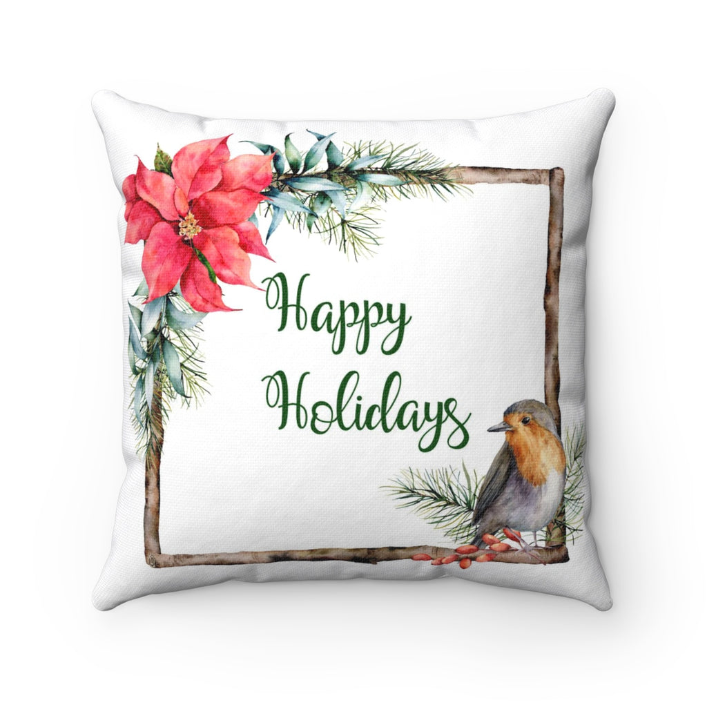 Happy Holidays Christmas Throw Pillows featuring a poinsettia and robin